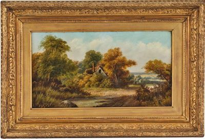 un tableau représentant un paysage rural avec une maison et des arbres