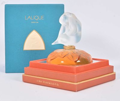 une image représentant un flacon de parfum posé sur une boîte