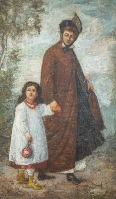une image représentant un tableau où l'on voit une femme et un enfant se tenant par la main