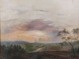 l'image d'un tableau représentant un paysage avec une rivière au premier plan