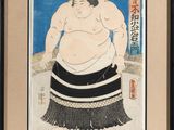 an oriental painting of a sumo standing in front of a blue sky