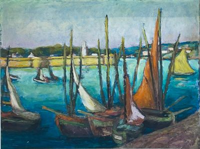 tableau représentant des voiliers dans un port, avec un ciel bleu en arrière-plan