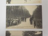 three old photos of people walking down a street with horses and carriages