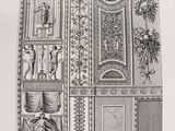 an old drawing of a doorway with a clock and pictures on it