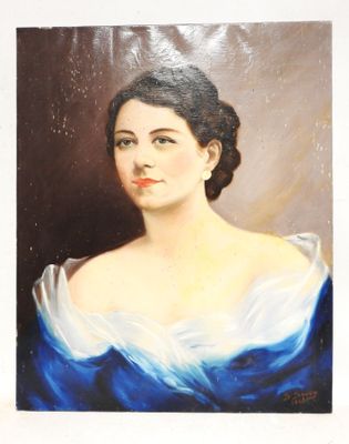École du XXe siècle. Portrait de femme à la robe bleu. - Photo 1