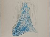 l'image d'un dessin représentant une femme en robe bleue