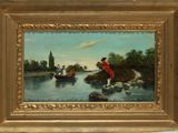 a painting of a man on a boat in the water
