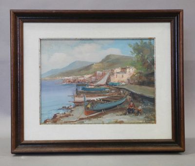 painting of boats on the shore of a small town by the water