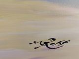 an oil painting of a bird flying in the sky over a beach