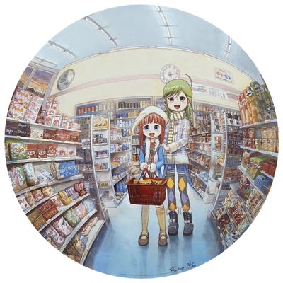 un tableau représentant deux personnes debout dans une épicerie