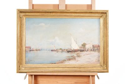 an oil painting of a beach scene with a sailboat on the water