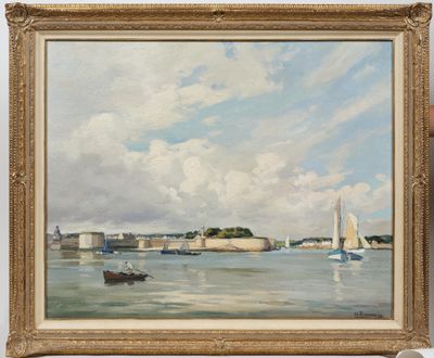 une peinture à l'huile représentant des bateaux sur un plan d'eau, avec un château en arrière-plan