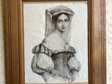 tableau représentant une femme portant un voile, dans un cadre en bois accroché au mur