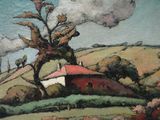 a painting of a house on a hill with trees