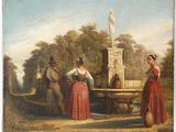 une image représentant un tableau où l'on voit un groupe de personnes rassemblées autour d'une fontaine
