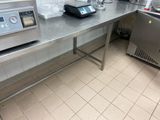 stainless steel counter top in a commercial kitchen with a scale on it