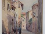 painting of a street scene with a horse drawn carriage in the middle of the street