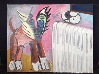 un tableau représentant un chien debout à côté d'un radiateur