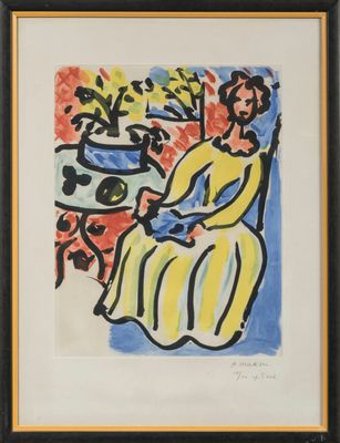 an image of a painting of a woman sitting on a chair in front of a potted plant