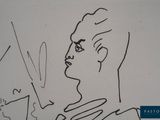 a drawing of a man holding a pair of scissors in his hand