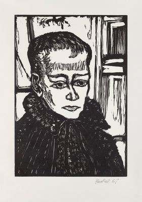 a black and white drawing of a woman in a fur coat