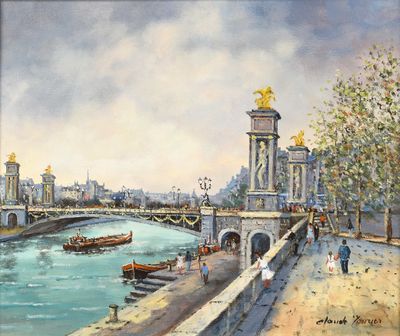 un tableau représentant des personnes marchant sur un pont au bord de l'eau