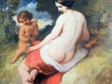 an image of a painting of a woman and a child sitting on a rock