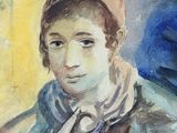 a watercolor painting of a young boy wearing a hat