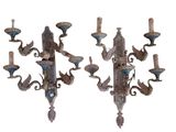 pair of antique wall sconces with blue and white glass shades