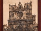 tableau représentant une grande cathédrale avec une horloge sur sa façade