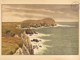 painting of a view of a rocky coastline with a lighthouse in the distance