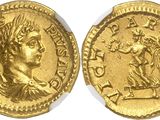 a gold coin with an image of a woman and a man on it