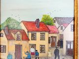 un tableau représentant un groupe de personnes devant une maison