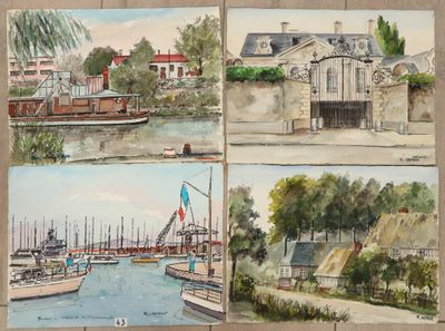 quatre aquarelles représentant des bateaux dans un port, avec des bâtiments en arrière-plan