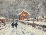 tableau représentant deux personnes marchant sur une route enneigée devant une maison rouge