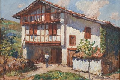an oil painting of a house with a man standing in front of it