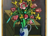 une peinture de fleurs dans un vase sur une table