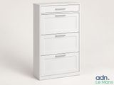 a close up of a white chest of drawers against a white background