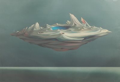 une peinture représentant un bateau flottant sur l'eau