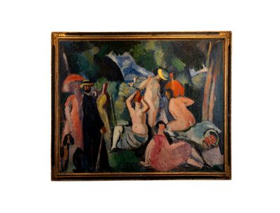 a painting of a group of people with umbrellas