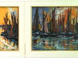 deux tableaux représentant des voiliers dans un port au coucher du soleil, au bord d'un lac