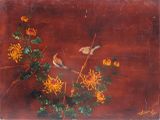 une peinture représentant des oiseaux et des fleurs sur fond rouge