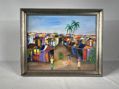 painting of a street scene with a woman and a child walking down the street