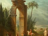 an image of a painting of a group of people near a gate