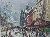 painting of a city street scene with people walking in the snow