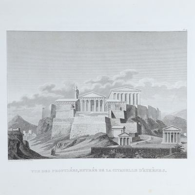 gravure représentant une vue du temple de Posena, avec le temple de Posena au loin