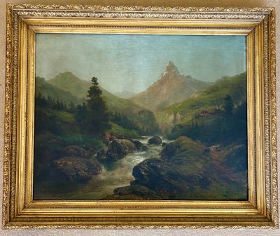 a painting of a mountain scene with a river in the foreground