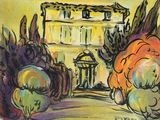 painting of a house with trees and bushes in front of it