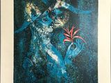 a picture of a painting of a woman holding a flower