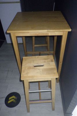 deux tabourets en bois placés l'un à côté de l'autre sur un sol carrelé
